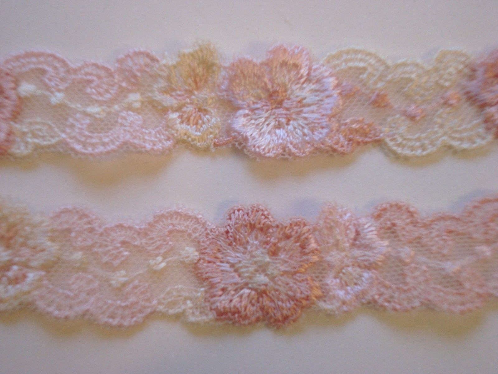 4 1/2 Yards Vintage Pale Pink Lace Ribbon Trim Embroidered Pink & White Flowers