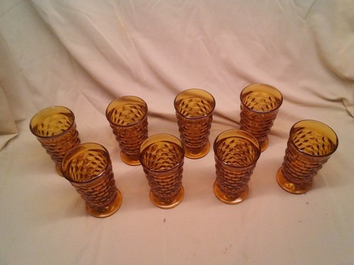SET OF 8 VINTAGE AMBER INDIANA WHITEHALL FOOTED DRINKING GLASSES