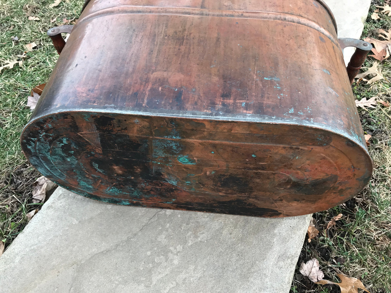 Old Revere Unpolished Copper Boiler / Wash Tub, Red Wooden Handles, Free S/H