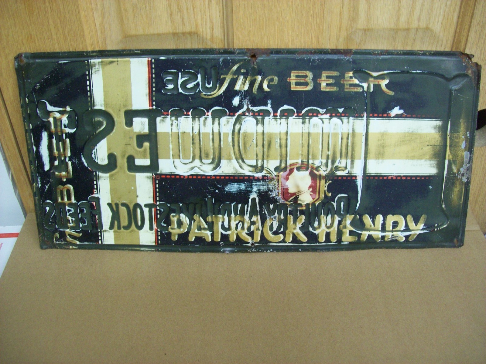 Vintage Midwest Poultry & Livestock Feed Metal Sign Backside Patrick Henry Beer