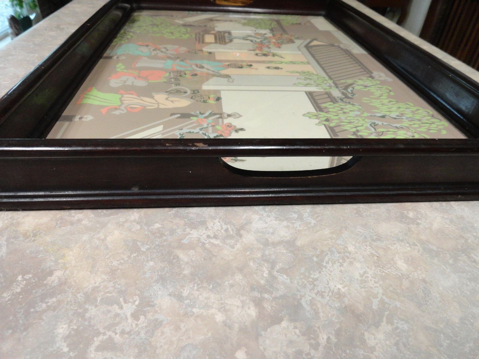 Vintage Wood Glass Top Serving/Butlers Tray With Handles - Chinese Scene