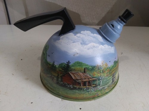 VNTG Tea Kettle Painted W/ Log Cabin Privy Well Garden Clouds Birds Forest Scene