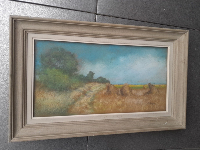 Pastel Ancien Paysage Meules Champs  Ã  Identifier