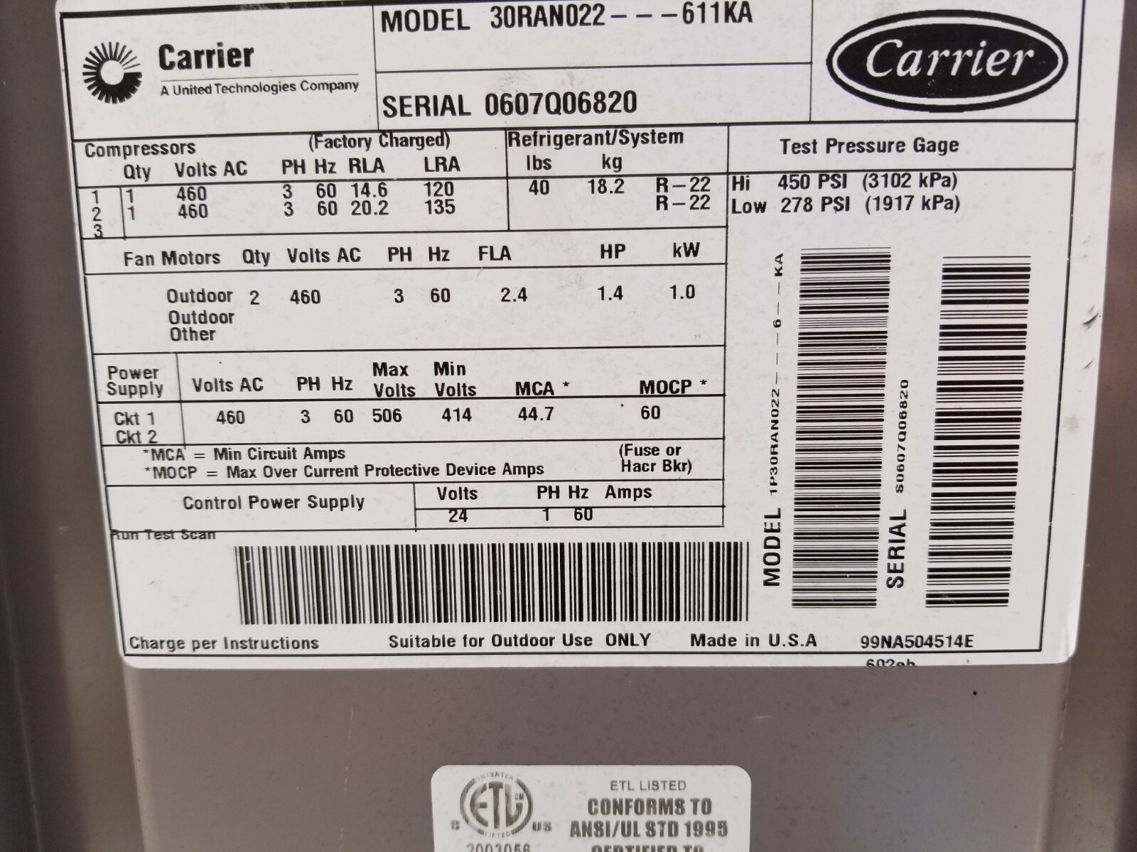 Carrier AQUASNAP 22 Ton 30RAN022-611KA Chiller Unit  Excellent condition