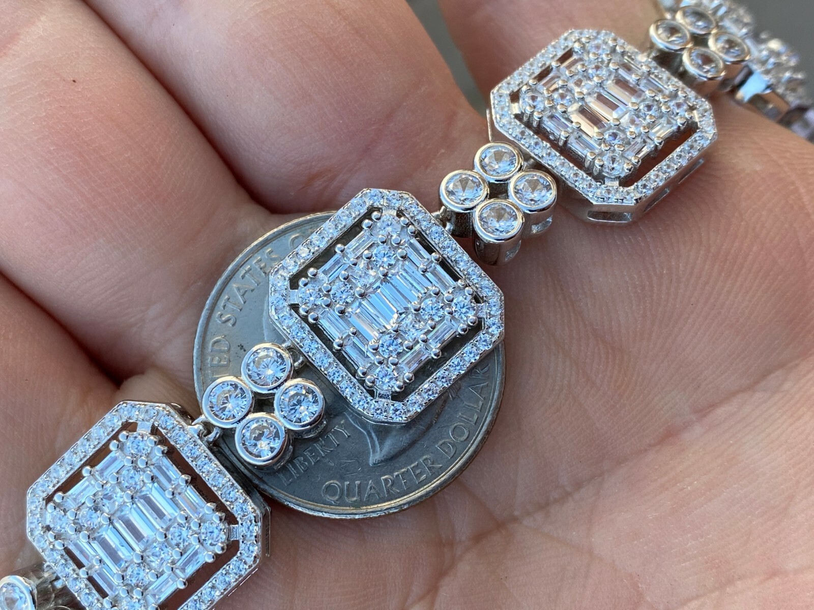 Pre-owned Silver 925 Sterling  Baguette Link Chain Iced 16mm Men's Cz Necklace Choker