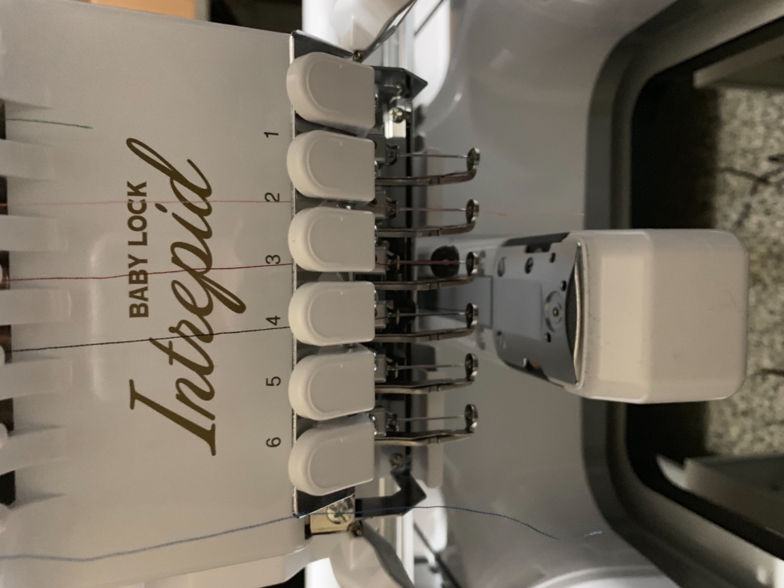 Babylock intrepid 6 needle embroidery machine with stand and accessories