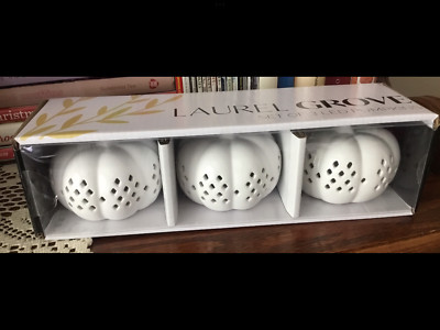 White Ceramic LED Lighted Cutout Pumpkins Battery Halloween Fall Thanksgiving 3 