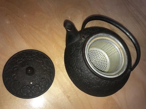 Antique Japanese Cast Iron Tetsubin Tea Pot Kettle Inscribed Metal Insert Rare