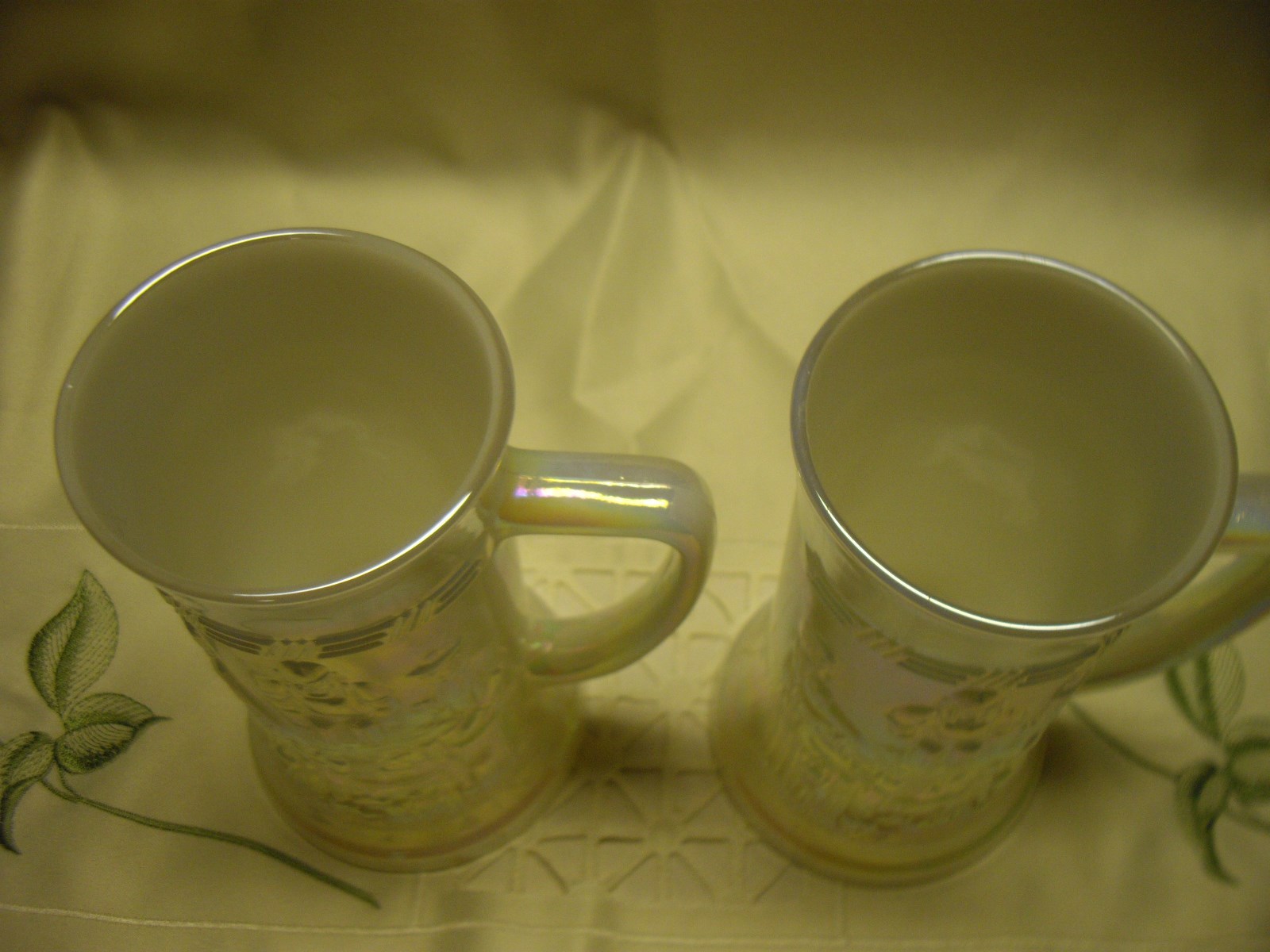 Vintage Federal Glass Iridescent Milk Glass Embossed Steins, Tankards, Beer Mugs