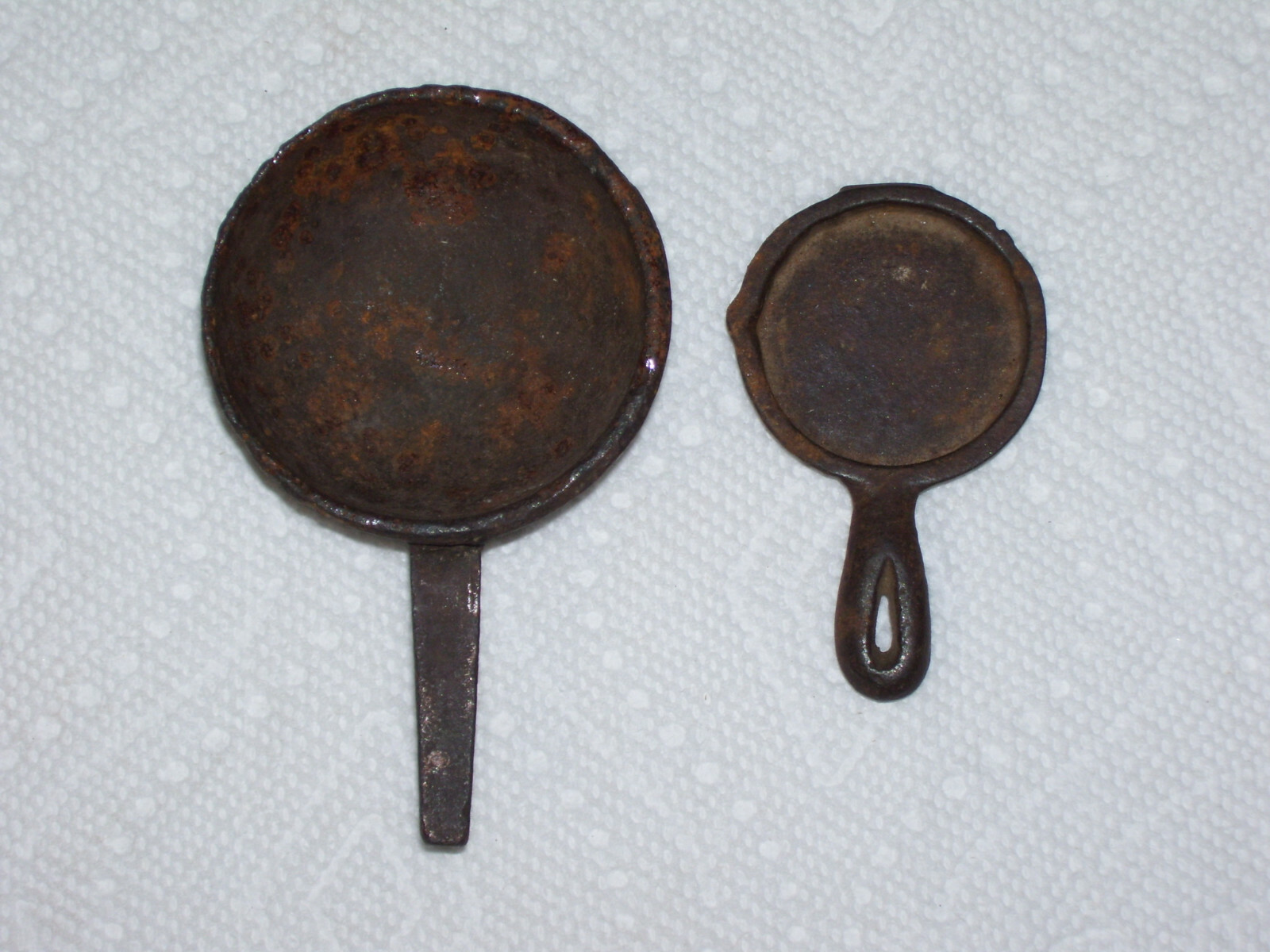 Lot of Antique Cast Iron Items,Toy Pans, Clothes Irons, Ax, Copper Frog in Bowl