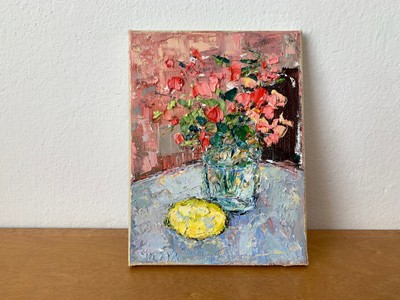 Blumenstrauß Impasto Ölgemälde auf Leinwand Original Blumen Zitronen Stillleben
