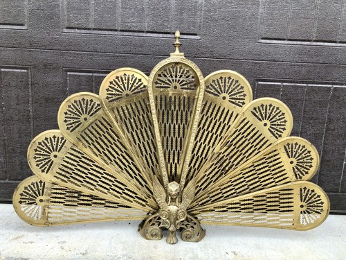 Antique vintage BRASS Fireplace Fire Screen Guardian Lion Griffin Peacock *RARE*
