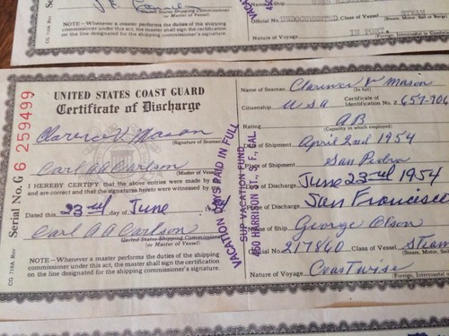 4 1954 U.S. Coast Guard Certificate of Discharge Merchant Seaman Steam Vessels