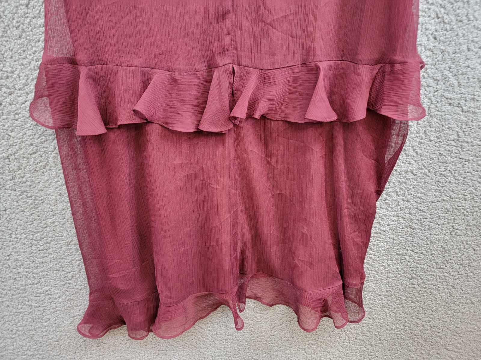Tahari ASL Ruffled Cold-Shoulder Midi Dress Women's 8 Burgundy V-Neck Back Zip - Picture 12 of 17