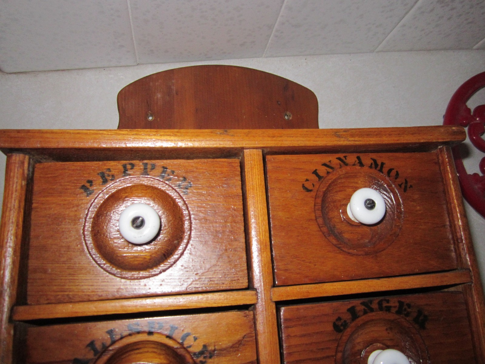 Excellent antique oak spice rack with drawers & porcelain pulls