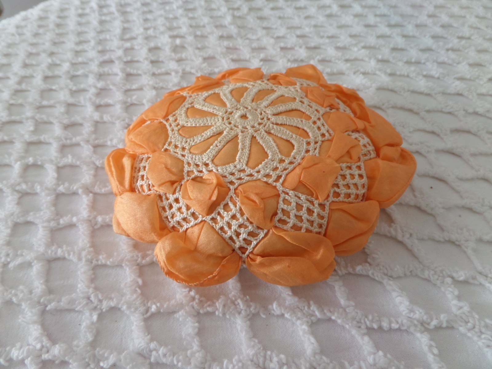 Vtg Pin cushion Crocheted orange ribbon 1930's Circle