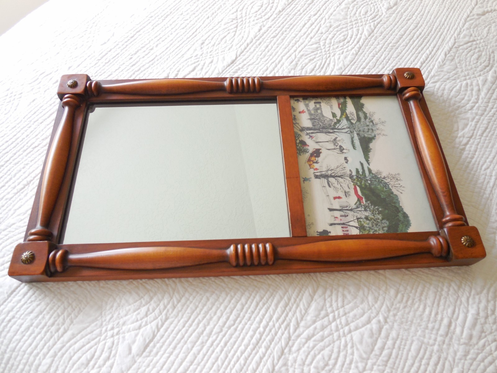 Antique Solid Wood Wall Mirror Federal Colonial Frame Grandma Moses Winter Print