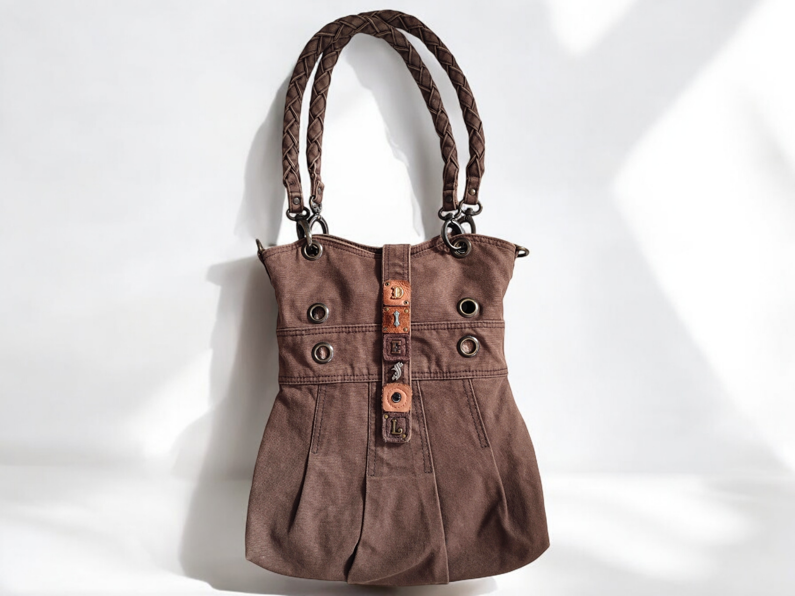 DIESEL Brown Canvas Womens Shoulder Bag Leather Logo 00s Y2k DIESEL Brown Canvas Womens Shoulder Bag Leather Logo 00s Y2k