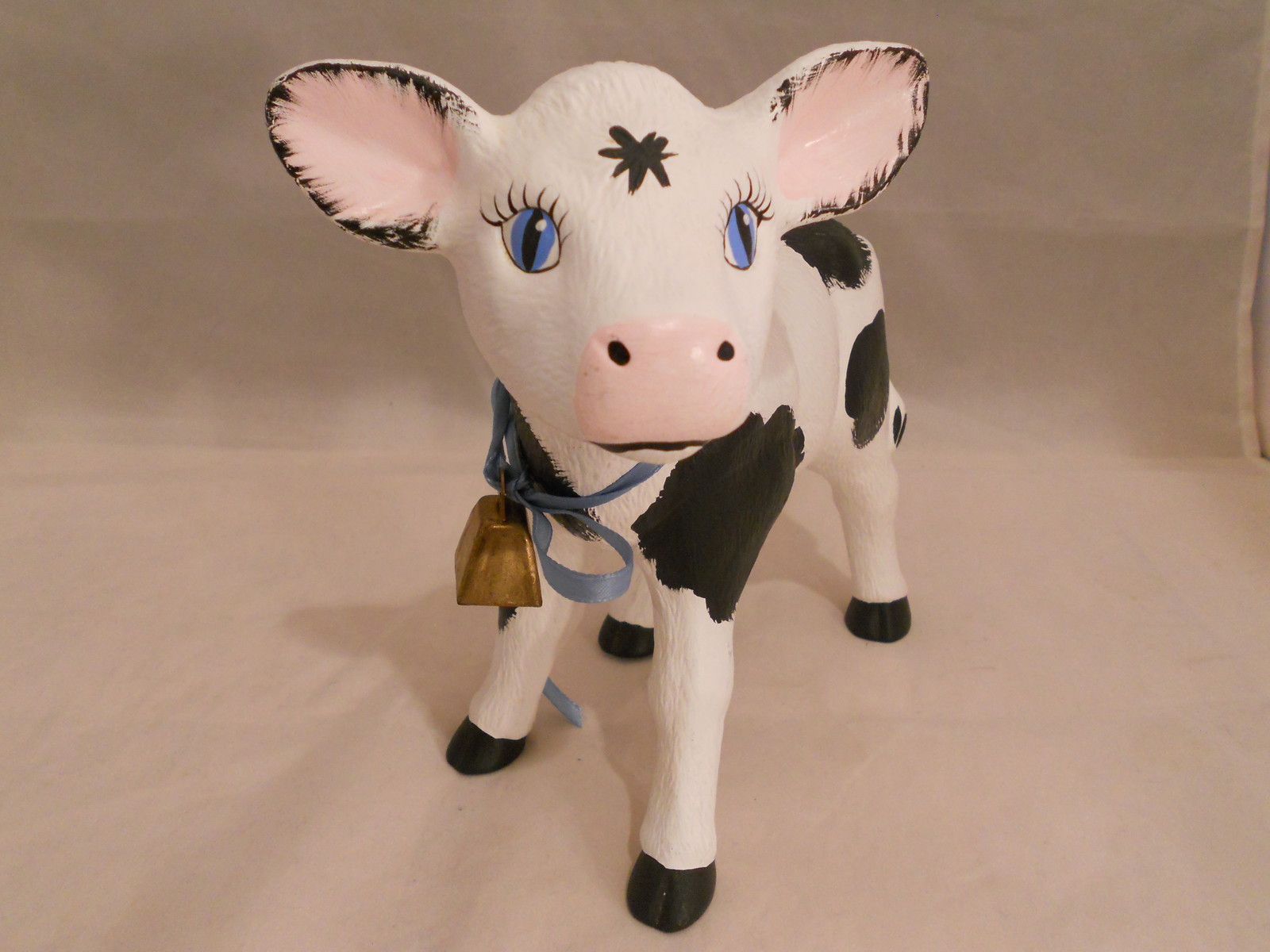 Vintage 1970s Handpainted Ceramic Cow Figurine Black & White With Bell