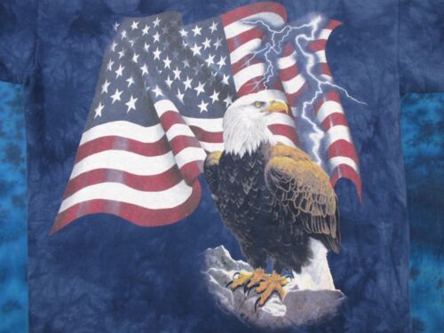 Vtg 90s Art Unlimited American Flag Bald Eagle All Over Print T-Shirt Black M USA
