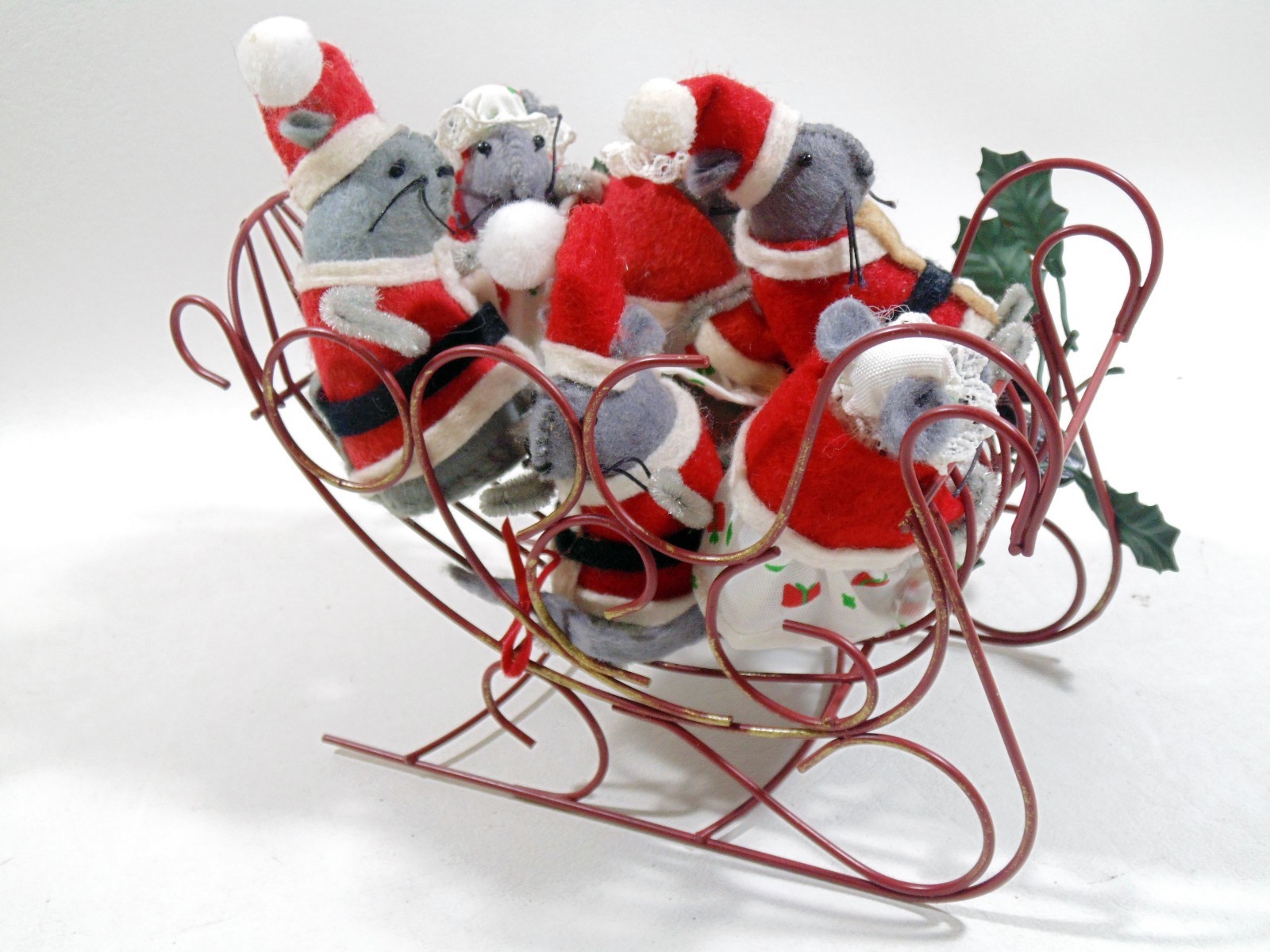 6 Felt Christmas Mice and Wire Sleigh Decorated With Cardinal and Holly
