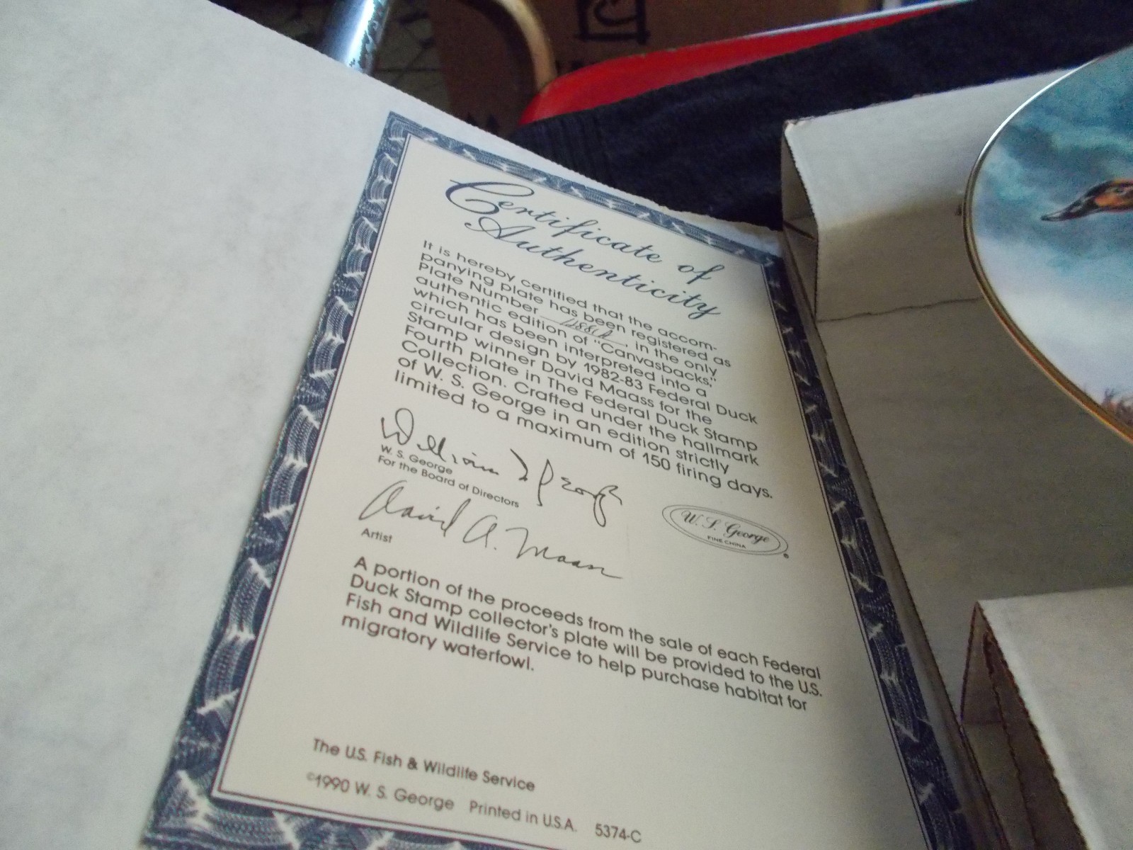 W. S. George Ltd Ed Federal Duck Stamp Plate 1990 4TH PLATE Canvasbacks DUCKS