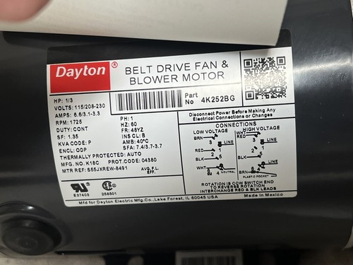 DAYTON 4K252BG Belt Drive Motor 1 Speed Open Dripproof 1/3 HP 1,725 Nameplate RP