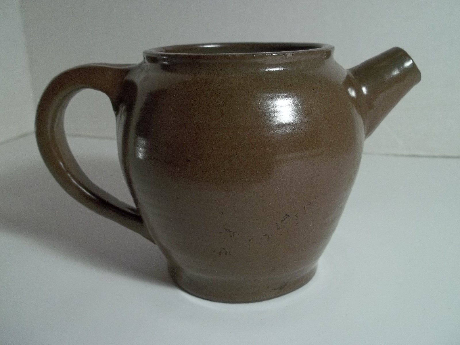 Vtg JH Small Stoneware Teapot Brown & Green Outside Aqua Blue & Copper Inside