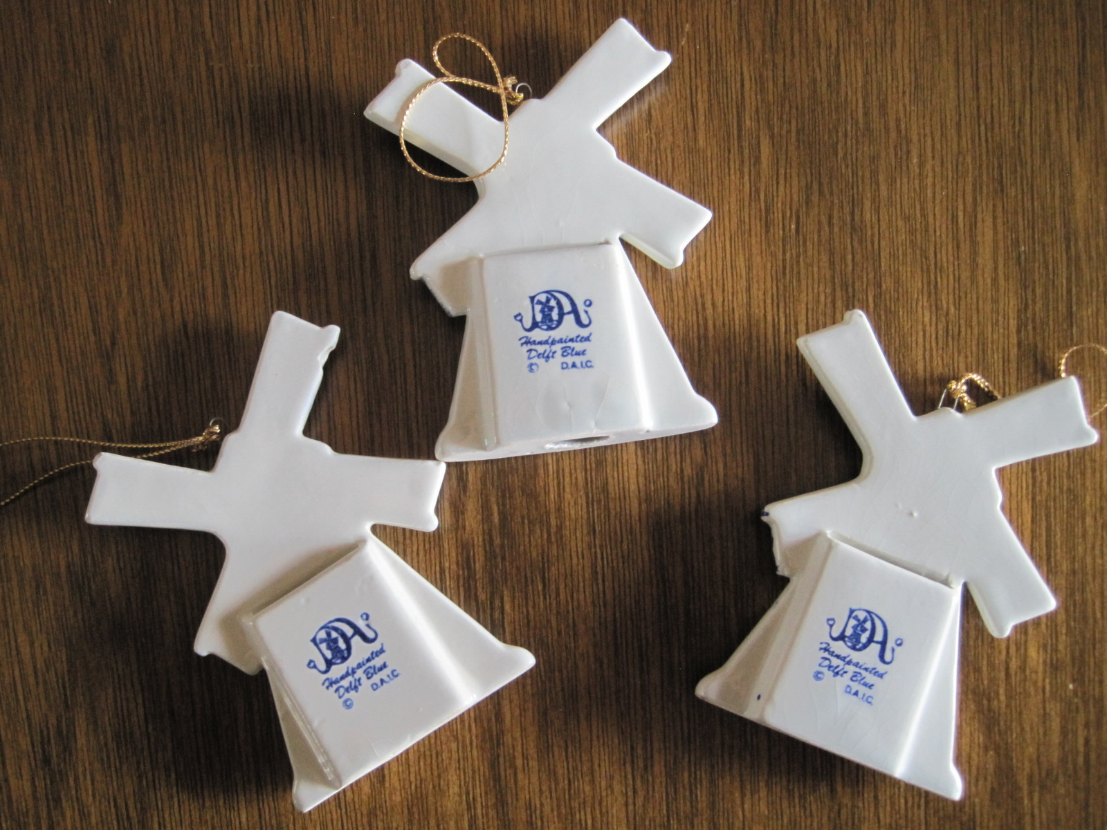 3 Hand Painted Delft Blue Dutch Windmills Hanging Photo Holders 
