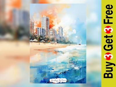 Coastal Vibrance: Beach Cityscape Impasto   5''x7''  Print on Matte Paper
