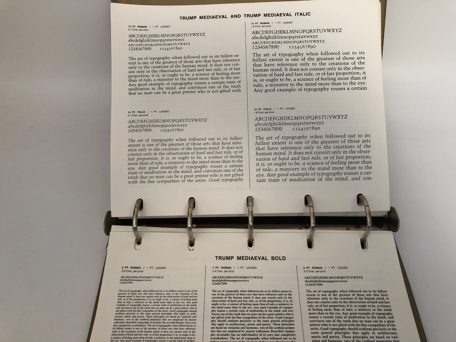 Dix typesetting font specimens • sample settings in giant binder