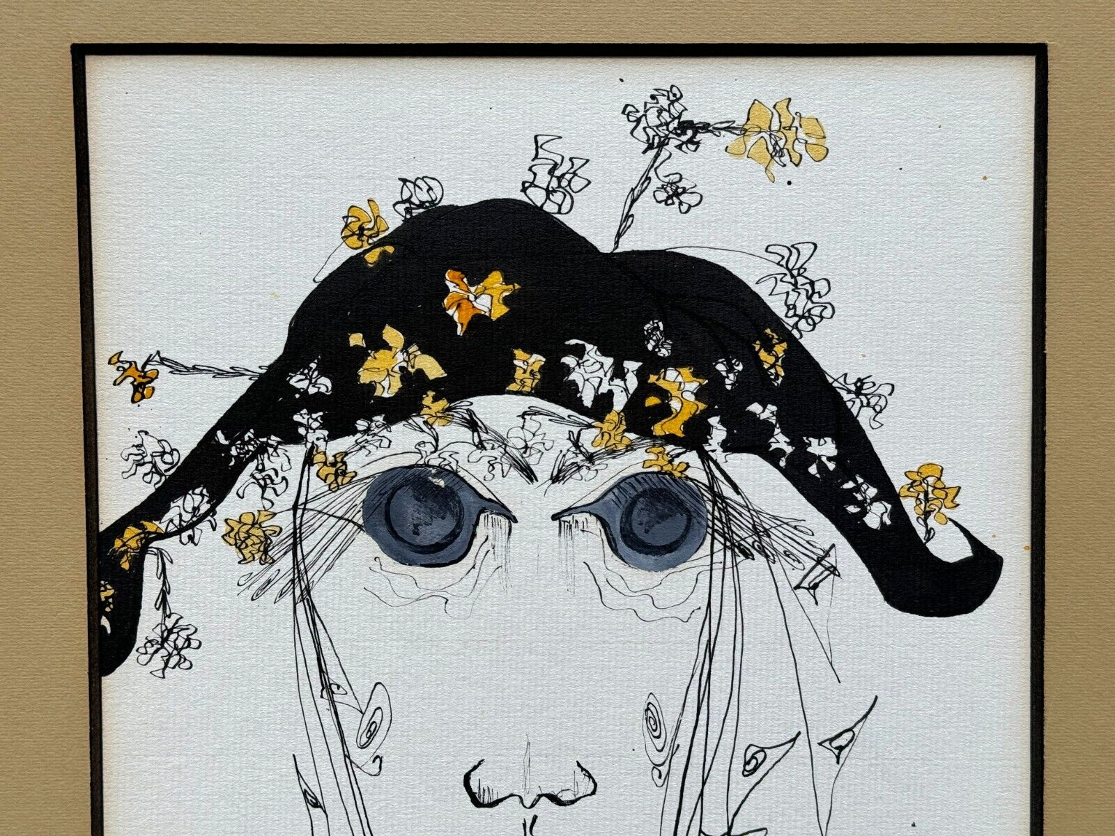 Kravitz Signed Surreal Woman in Floral Hat Abstract Face Painting Sketch Drawing