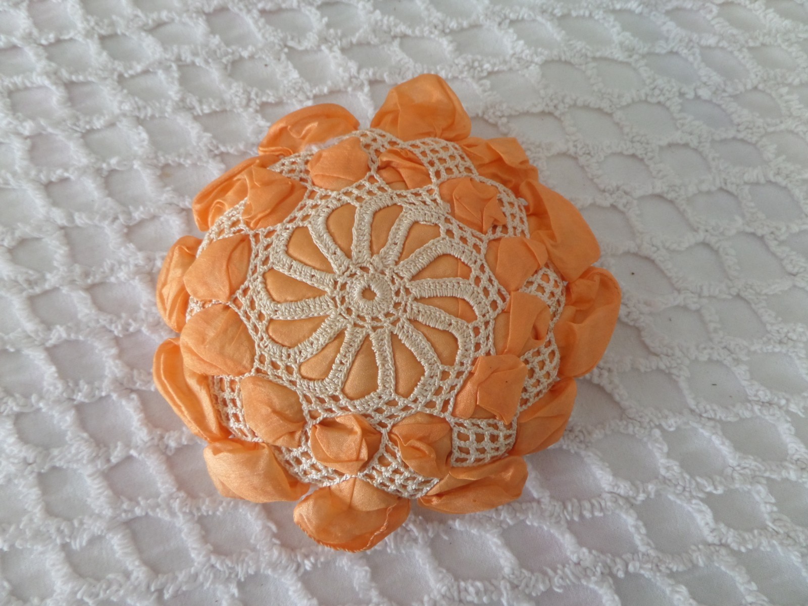 Vtg Pin cushion Crocheted orange ribbon 1930's Circle