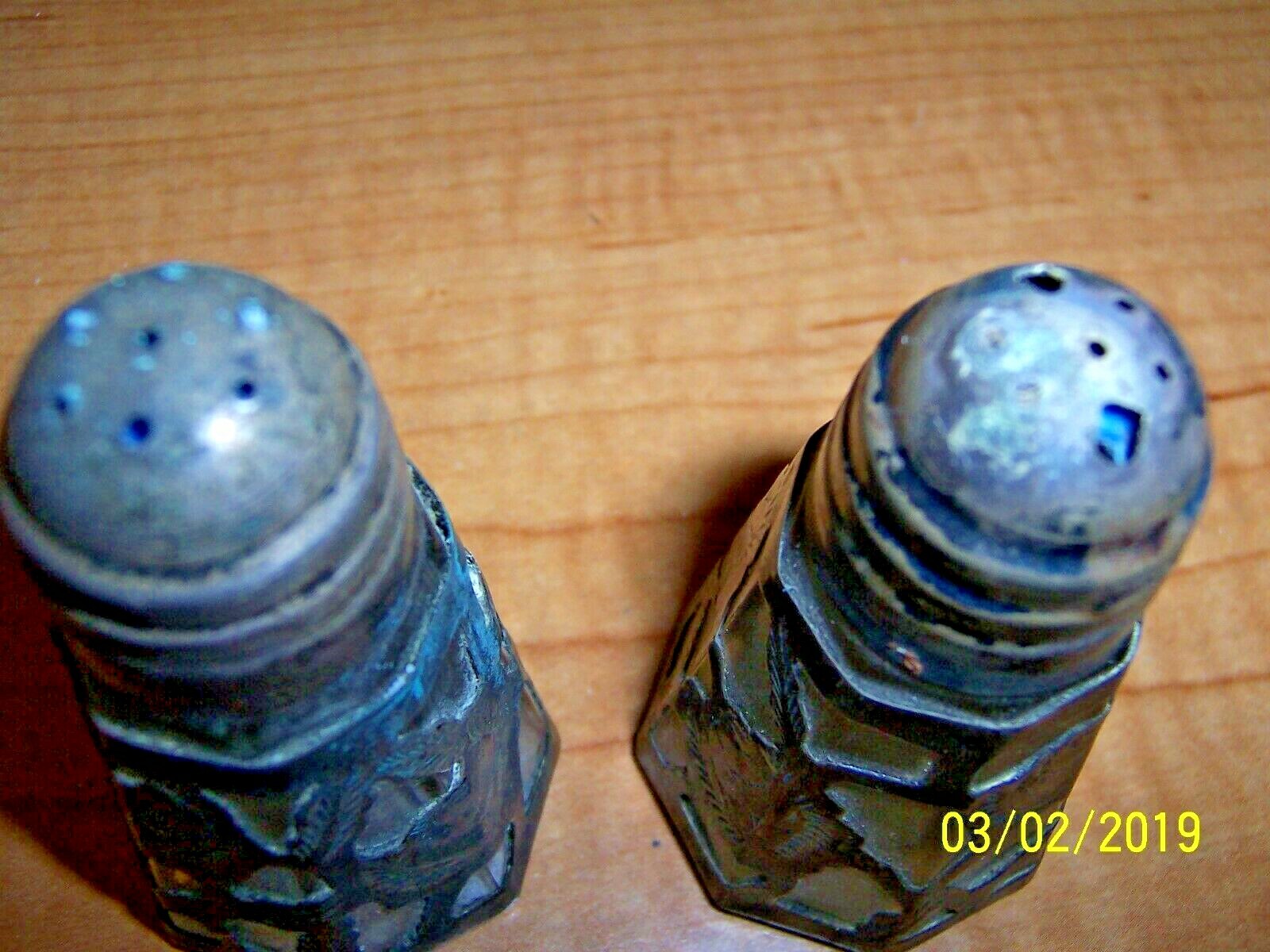 Vintage Glass With Sterling Silver Overlay Salt & Pepper Shakers