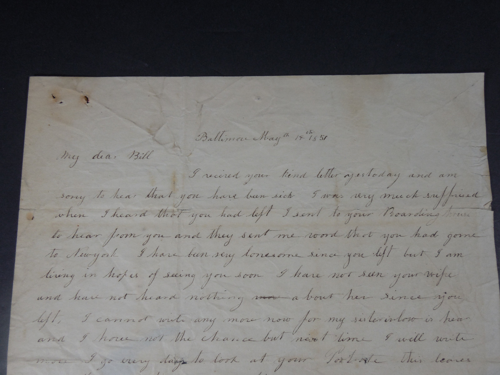1851 BALTIMORE MARYLAND LOVE MISSING YOU LETTER HISTORICAL PAPER EPHEMERA