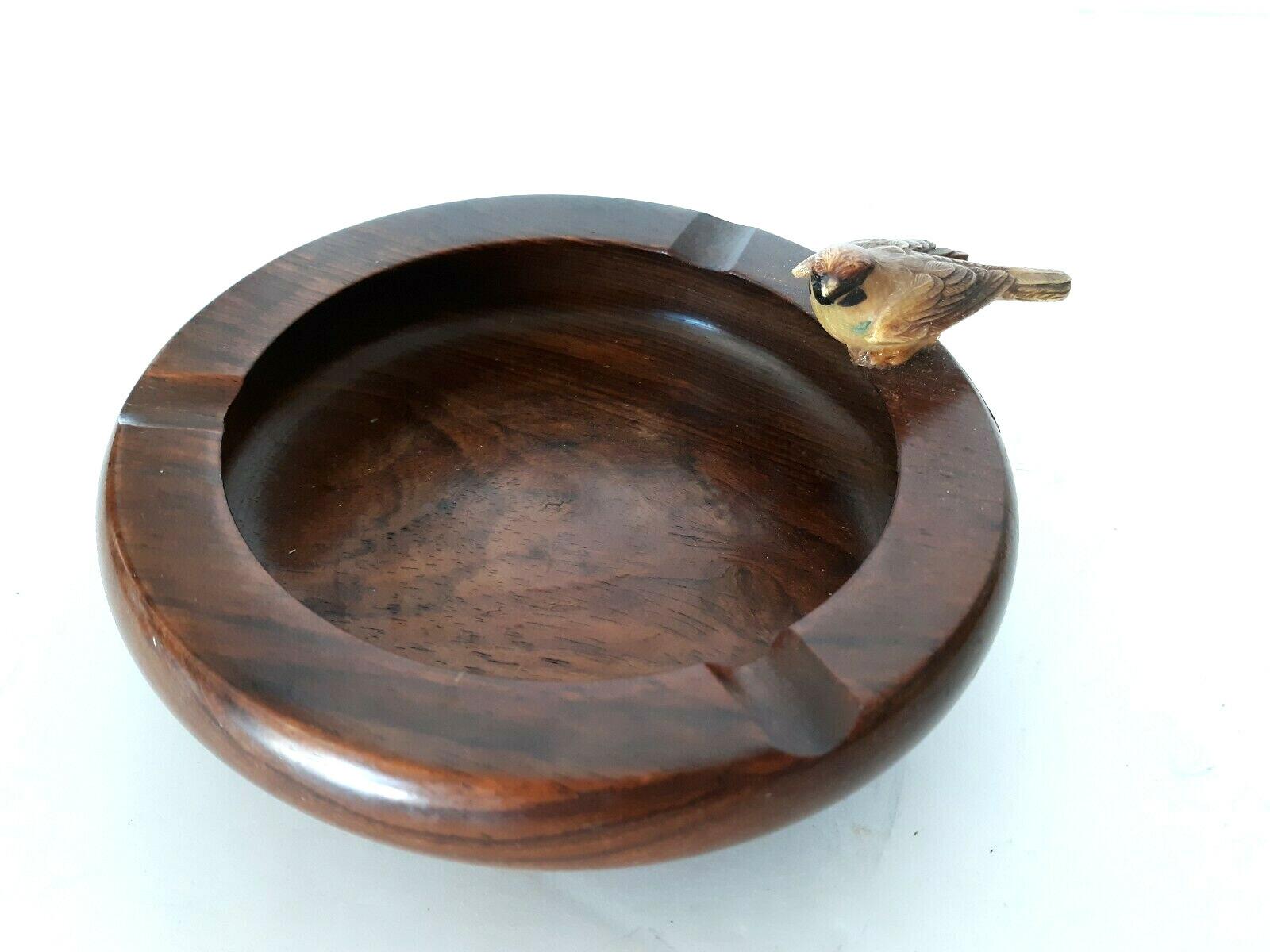 Vintage Teak Wood Ashtray Round w/ bird perched on Side MCM 4.75
