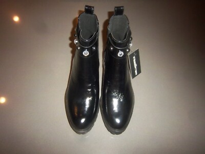 WOMENS SIZE 8.5 KARL LAGERFELD BLACK PATENT LEATHER EMBELLISHED BOOTS - NWOB