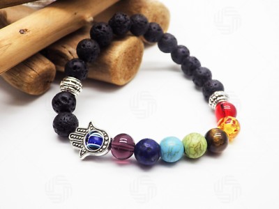 7 Chakra Hand of Fatima/God Bracelet Energy Hamsa Lave Stone Agate Healing UK