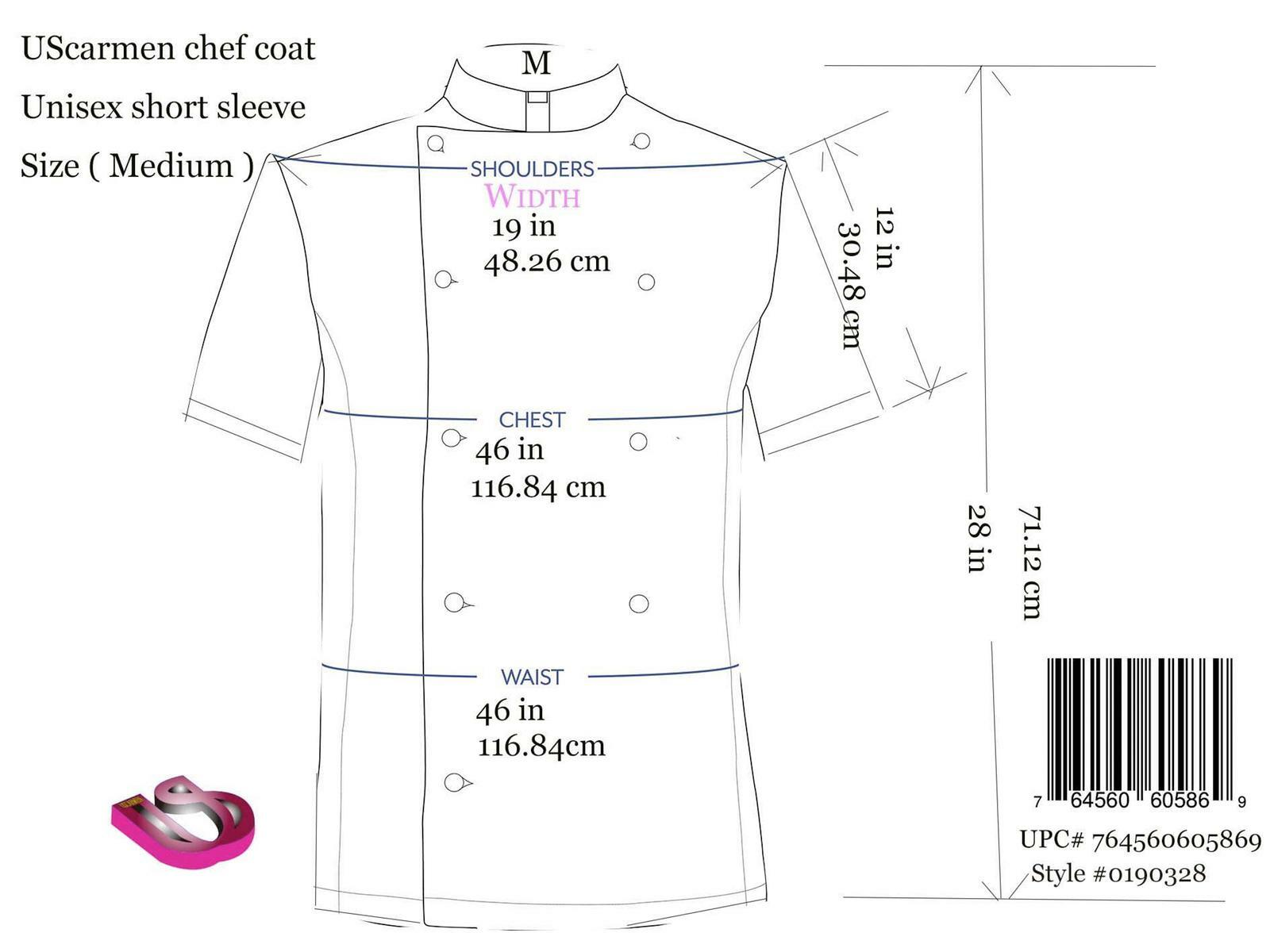 UScarmen Unisex Classic Short Sleeve Chef Coat Jacket 0190328 White Black 