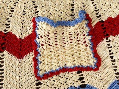 Vintage Apron Handmade Crocheted Half Waist Pocket Cream Horizontal Stripes