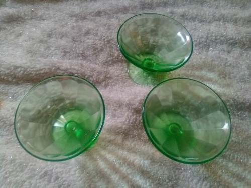 3 Green Sherbet Dessert Dishes Uranium Vaseline Depression Glass 1930's