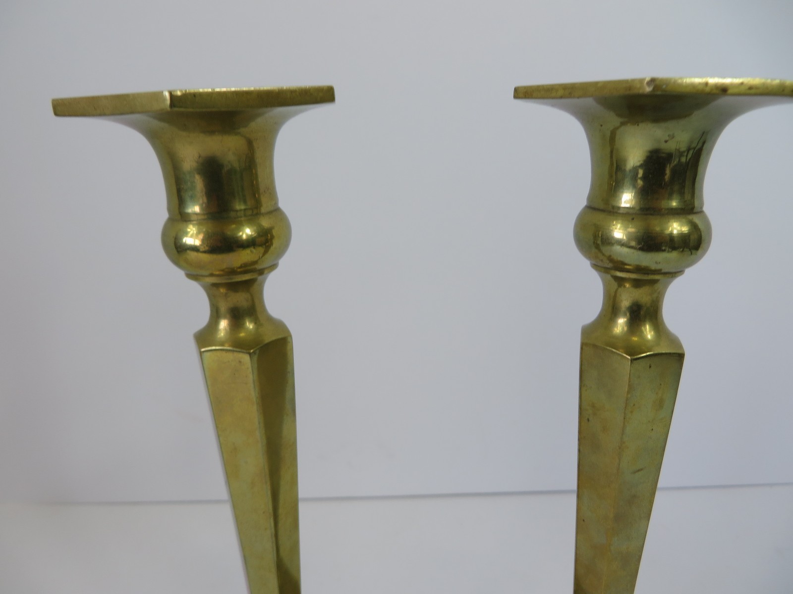 Vintage Brass Candlestick Holder Pair Hexagon Base 10.5