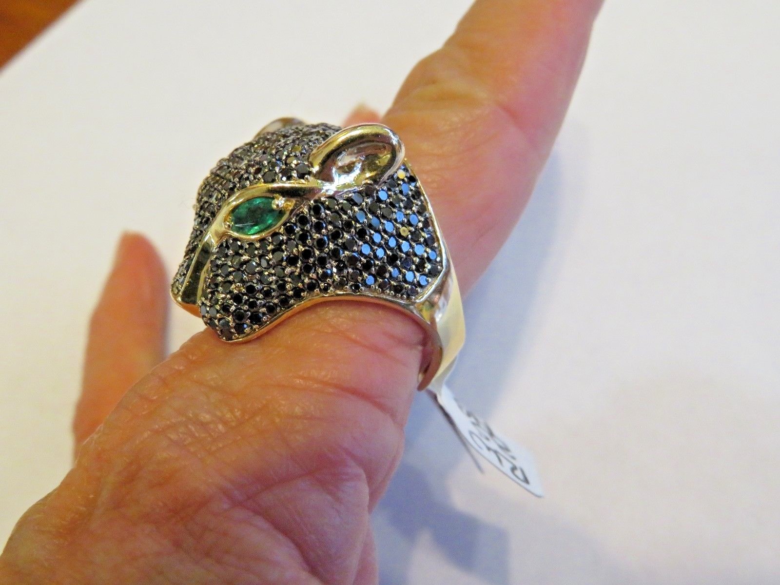 EFFY 14K YELLOW GOLD 3.80 CT BLACK DIAMOND & EMERALD PANTHER RING SZ 9  26 X 22