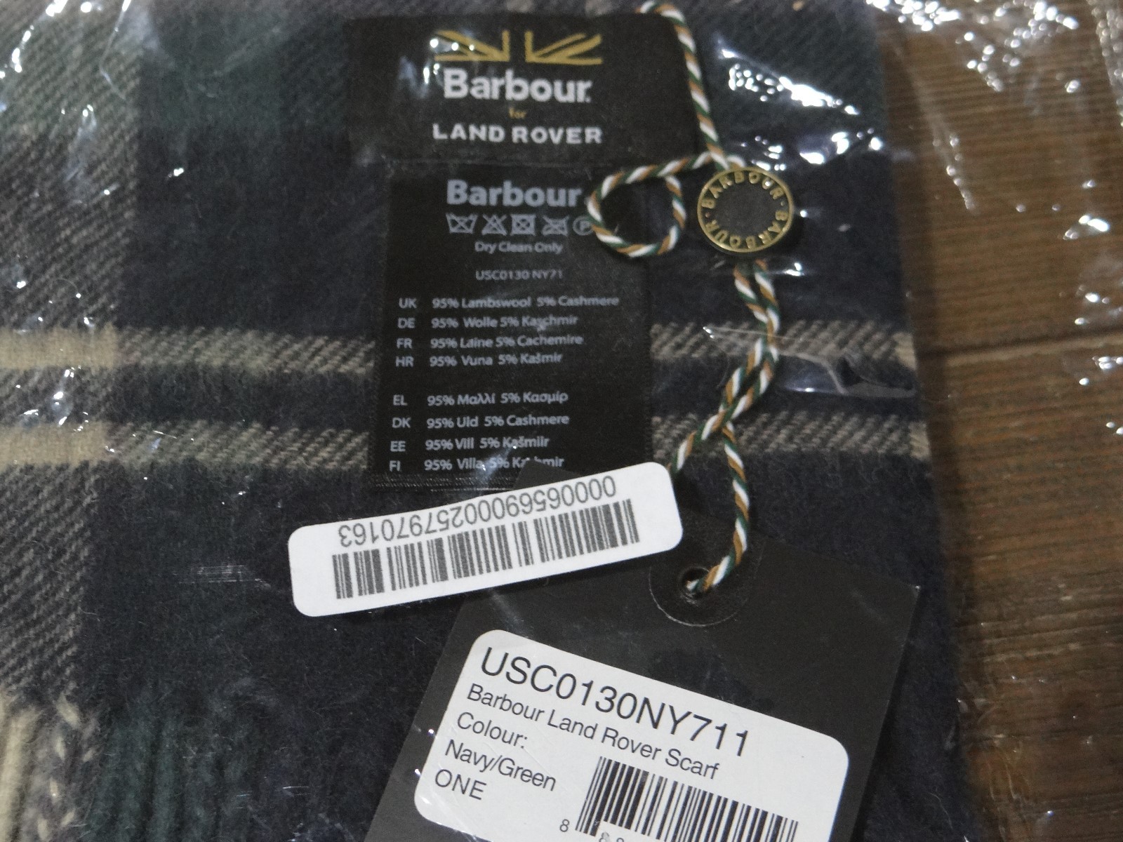 NWT Barbour for Land Rover Navy & Green Wool/Cashmere Check Pattern Scarf