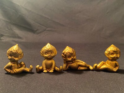 Vintage Set 4 Ceramic Golden Pixie Elf Elves Figurines Taiwan