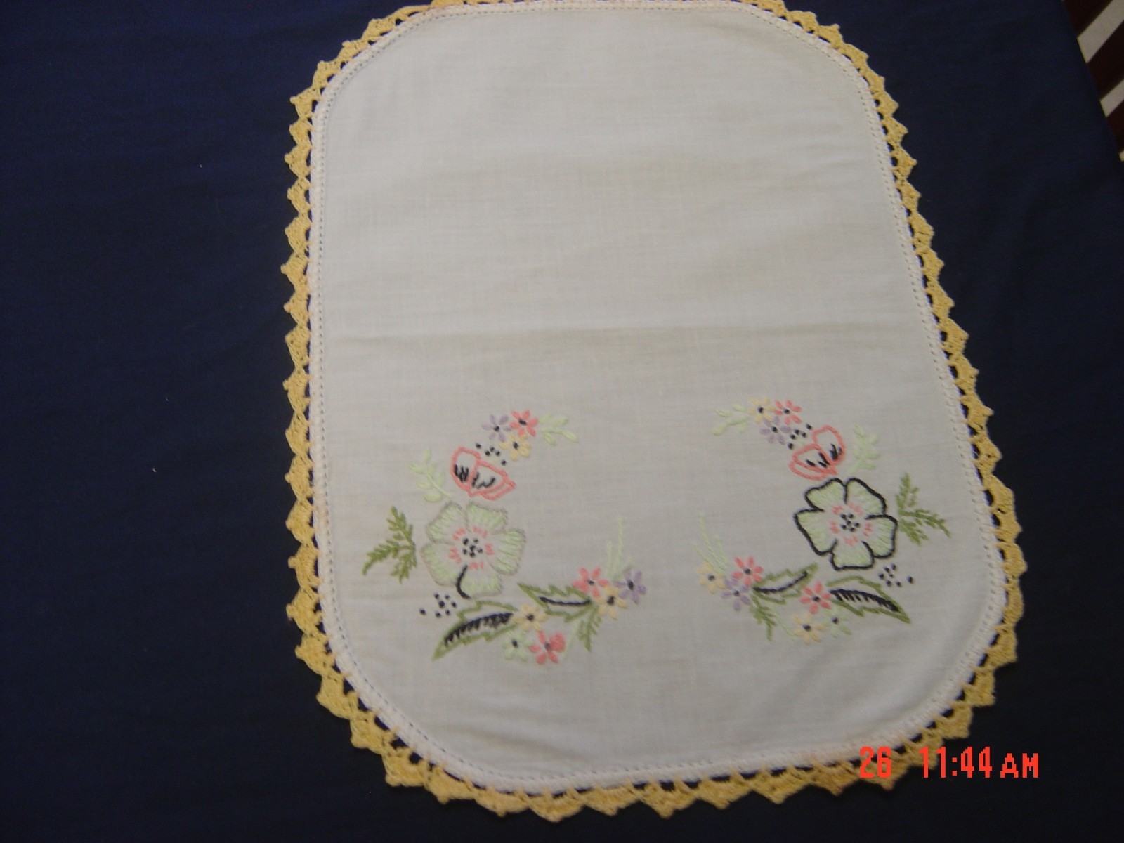 2 Small Hand Embroidered  Table Doilies with Crocheted Edge EMBROIDERED FLOWERS