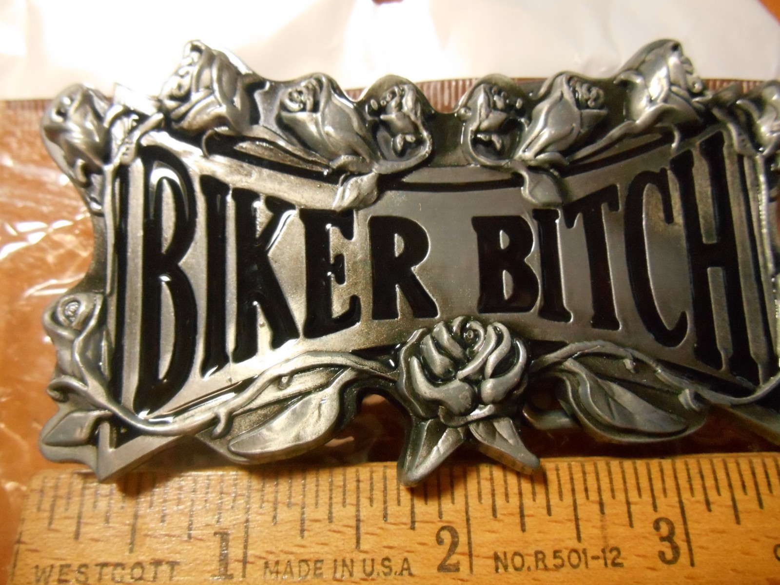 BIKER B*TCH  Belt Buckle Roses Border