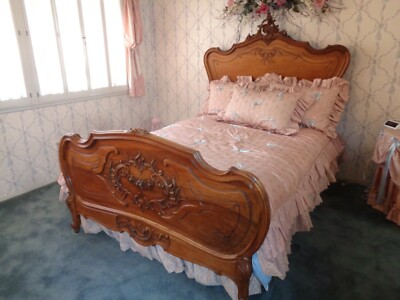 ANTIQUE FRENCH HAND CARVED BED WITH HEADBOARD, FOOTBOARD, TWO SIDE RAILS