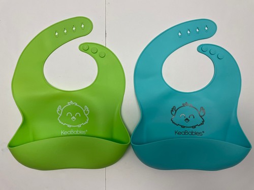 Set Of 2 Silicone Baby Bibs Happy Healthy Parent Stain Protection Blue Green NEW