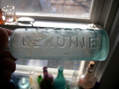 FITLER'S GENUINE CARMINATIVE AQUA CYLINDER 1890S ERA MOLD BLOWN BOLDLY EMBOSSED